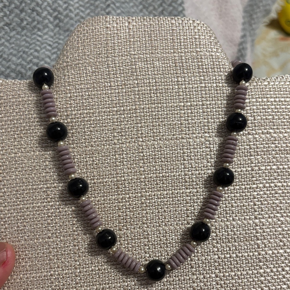Vintage Black and Purple Beaded Necklace Sterling Brooch, Hand Made